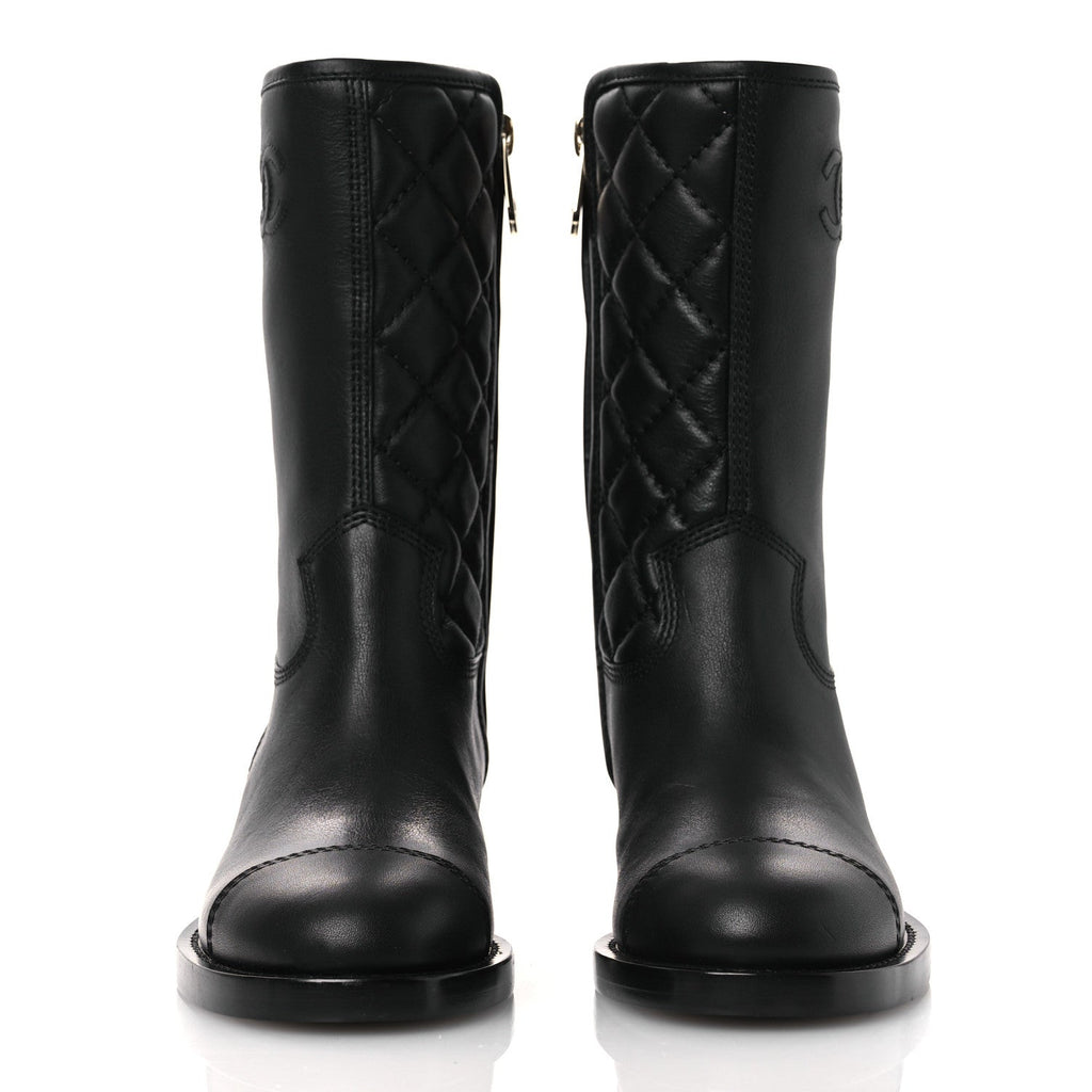 Calfskin Quilted CC Logo Mid Calf Boots 35 Black
