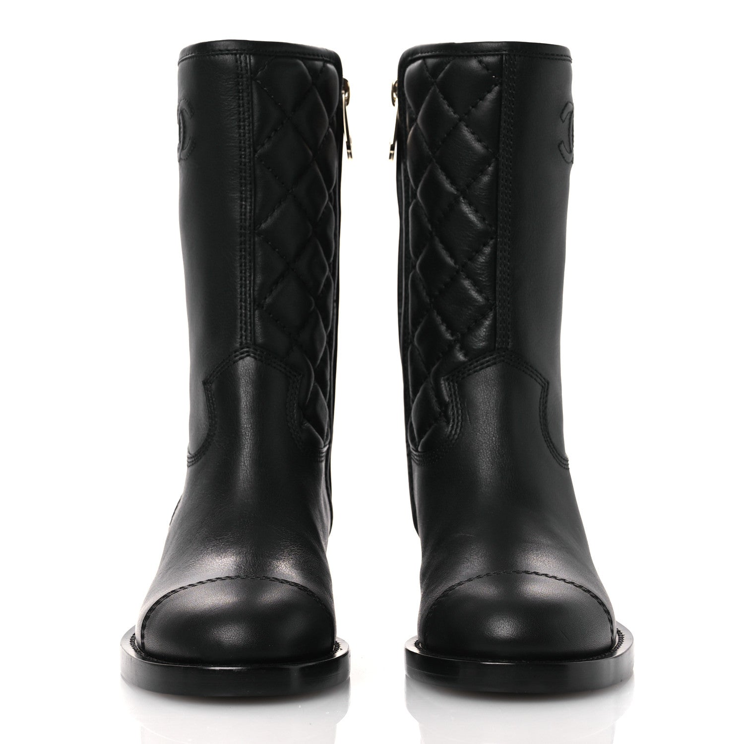 Calfskin Quilted CC Logo Mid Calf Boots 35 Black