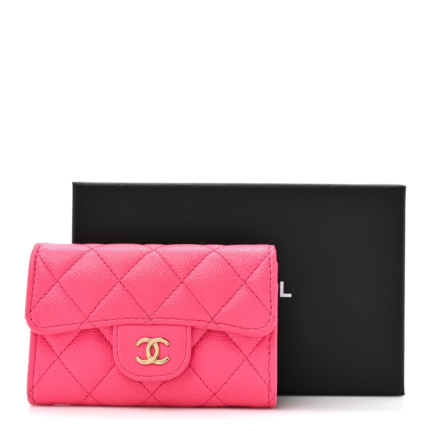Caviar Quilted Flap Card Holder Wallet Fuchsia