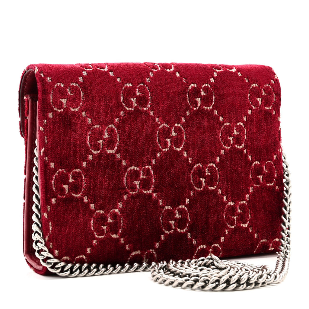 Gucci Velvet GG Monogram Mini Dionysus Chain Wallet Red Cipria