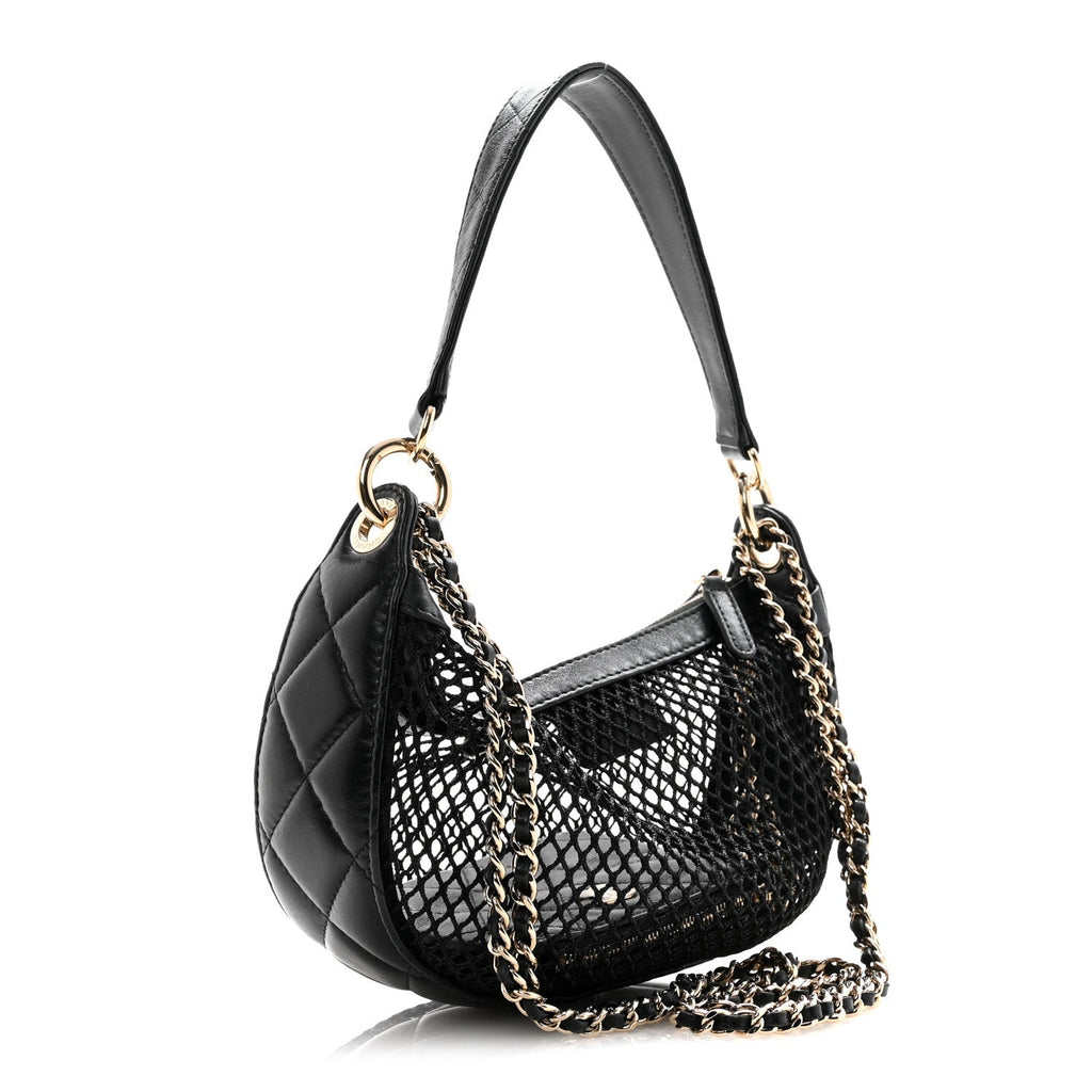 Chanel Mesh Shiny Lambskin Chain Hobo Black