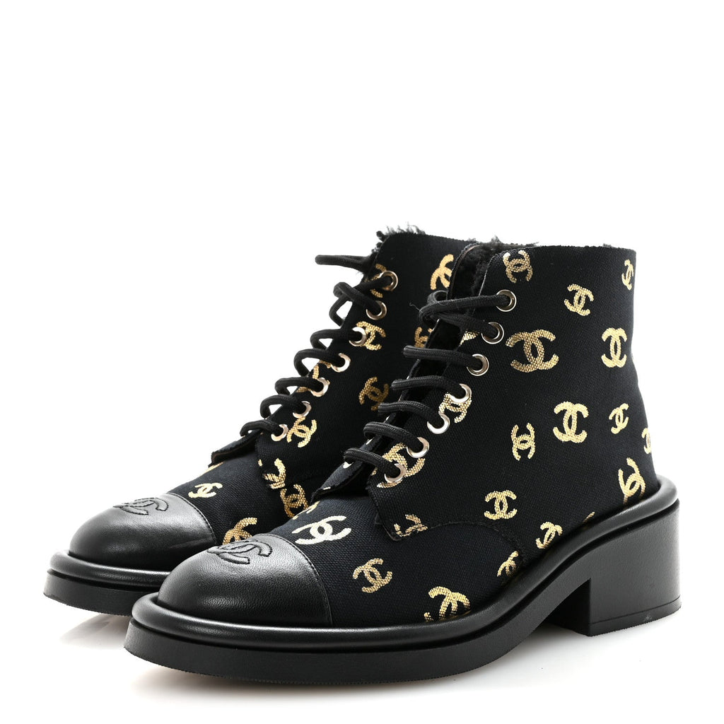 Lambskin Shearling Canvas CC Lace Up Boots 36.5 Black Gold