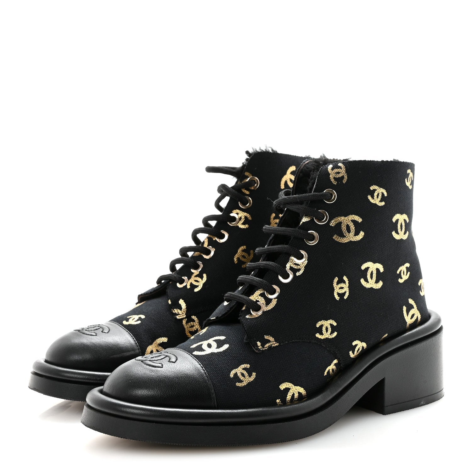 Lambskin Shearling Canvas CC Lace Up Boots 36.5 Black Gold