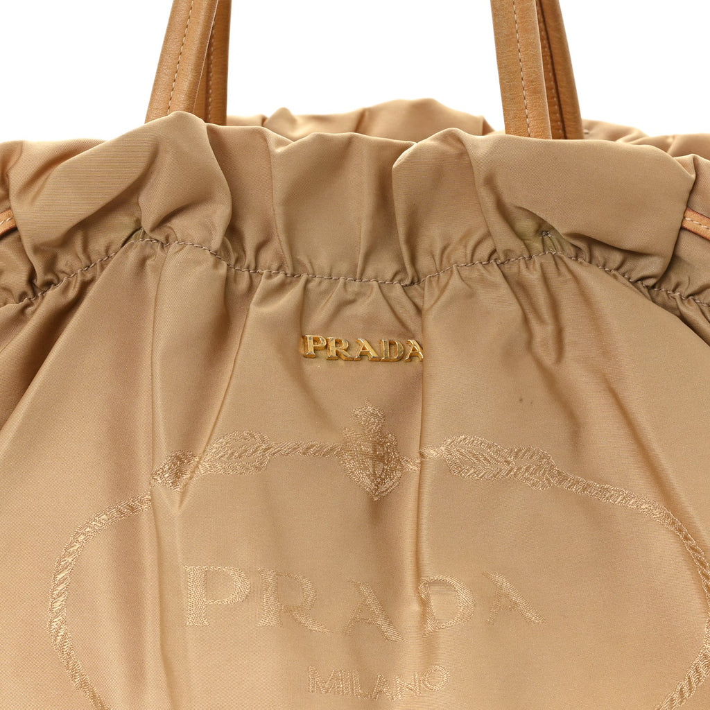 Prada Nylon Jacquard Logo Drawstring Tote Sesamo