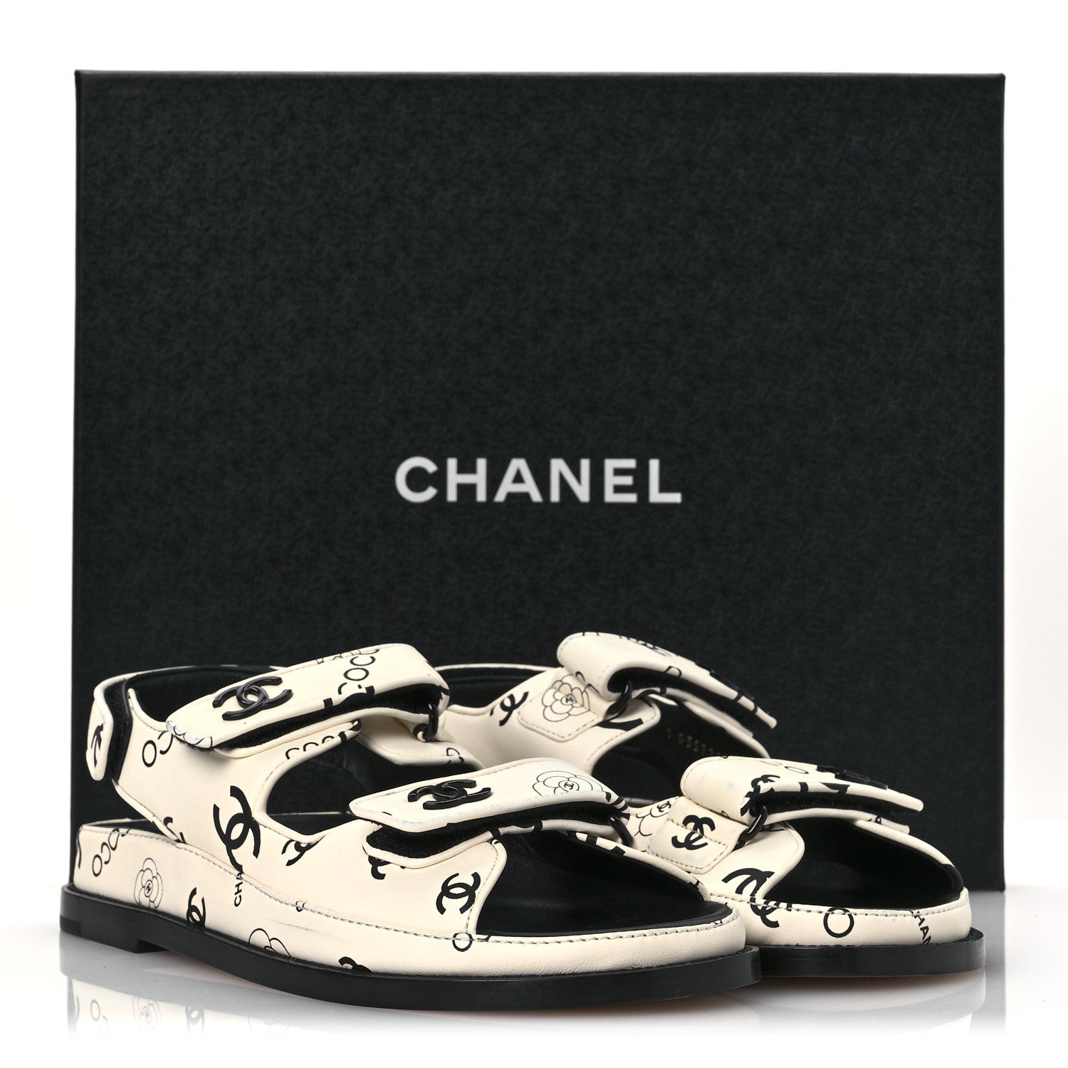 Lambskin Printed CC Velcro Dad Sandals 37.5 White Black