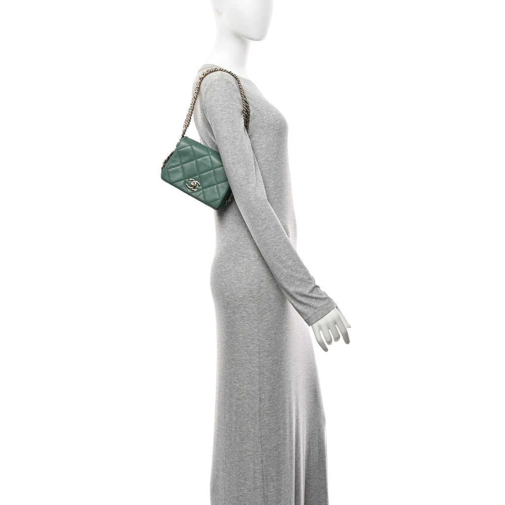 Chanel Lambskin Quilted Mini Chain Rows Flap  Green