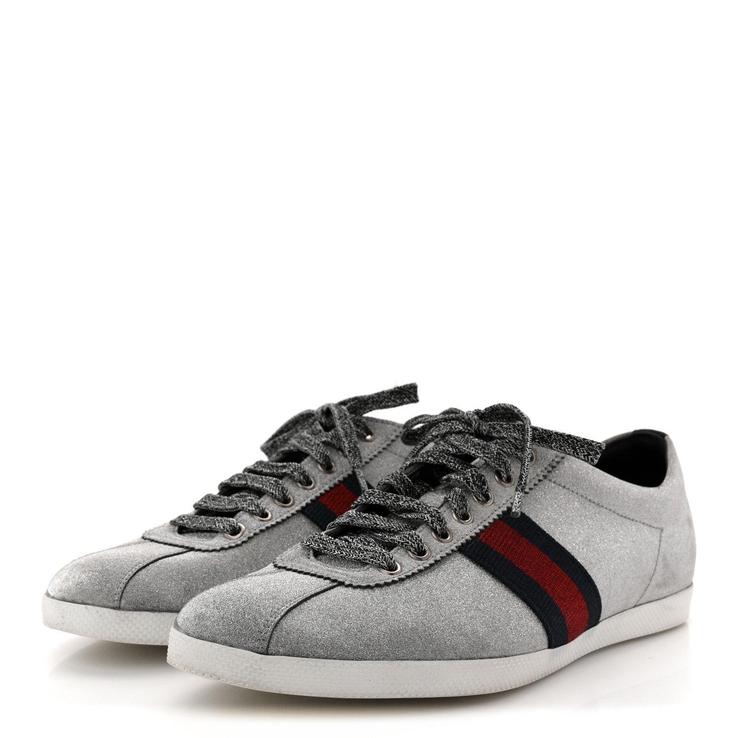 Gucci Glitter Fabric Studded Web Mens Sneakers 9 Silver