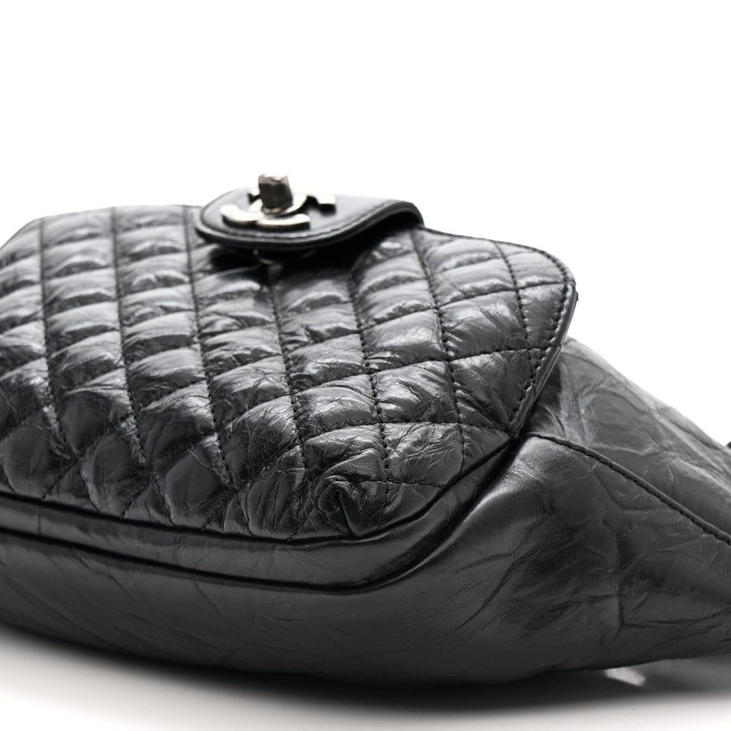 Crumpled Calfskin Quilted Casual Rock Waist Bag Fanny Pack Black