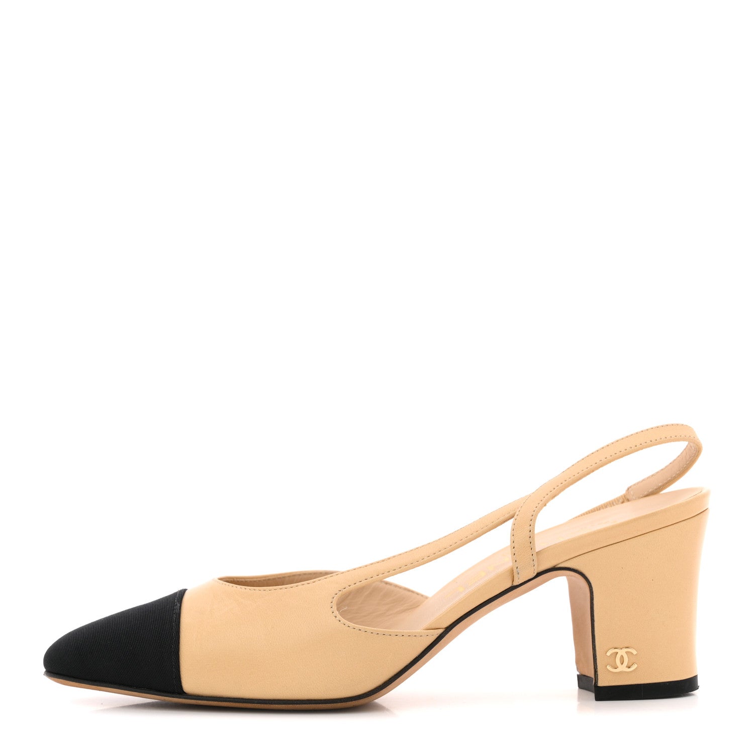 Goatskin Grosgrain Cap Toe CC Slingback Pumps 36 Beige Black