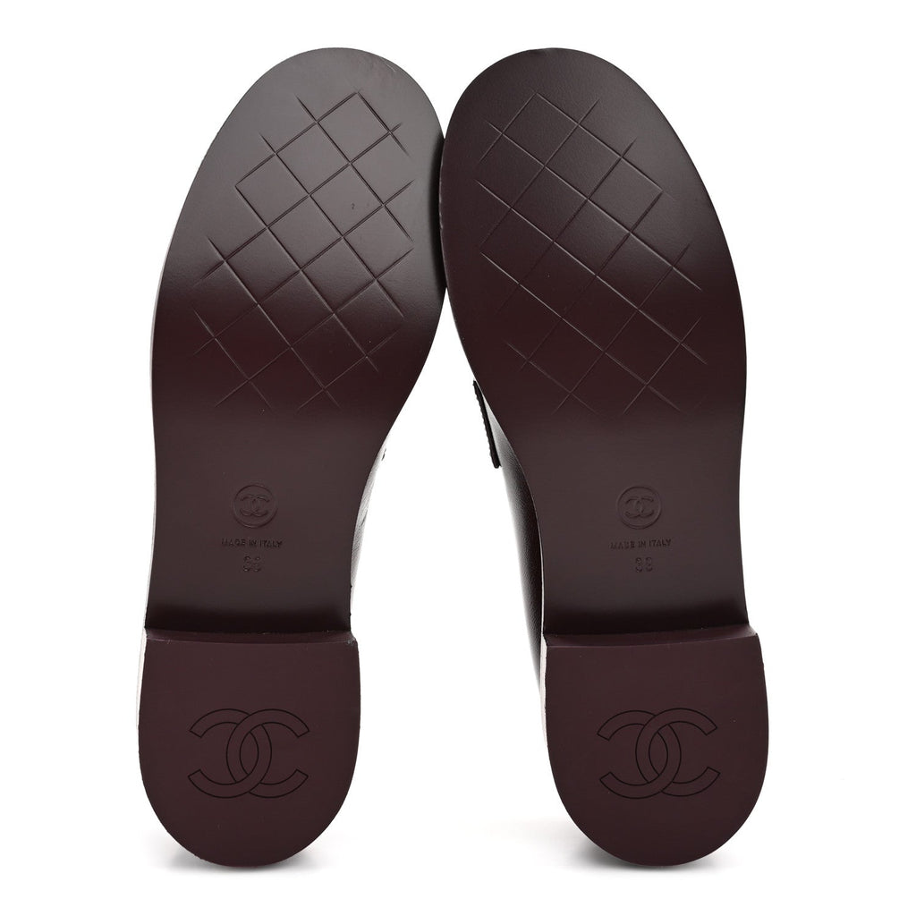 Chanel Shiny Calfskin CC Mocassin Loafers 39 Burgundy