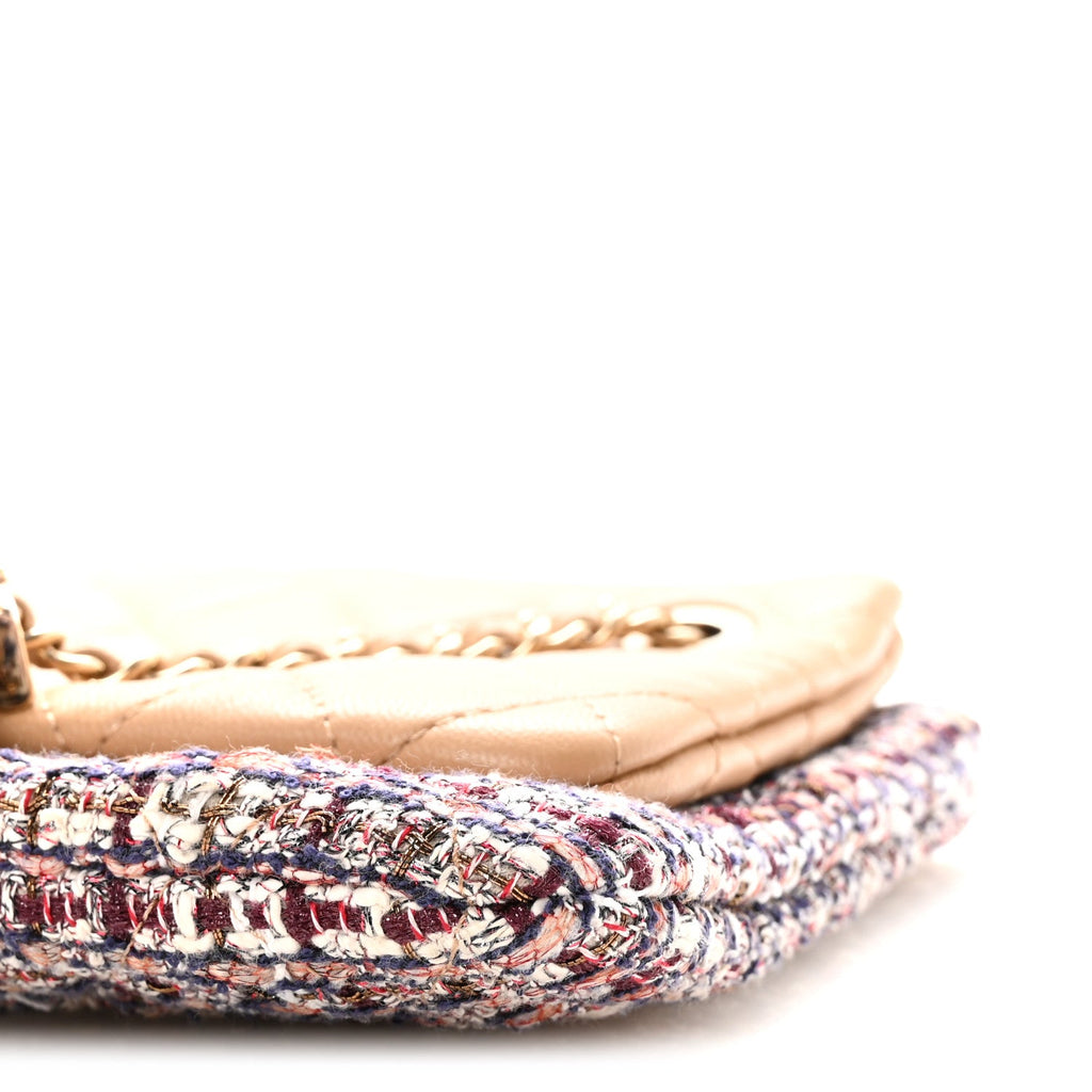 Chanel Tweed Lambskin Quilted Pouch Beige Multicolor