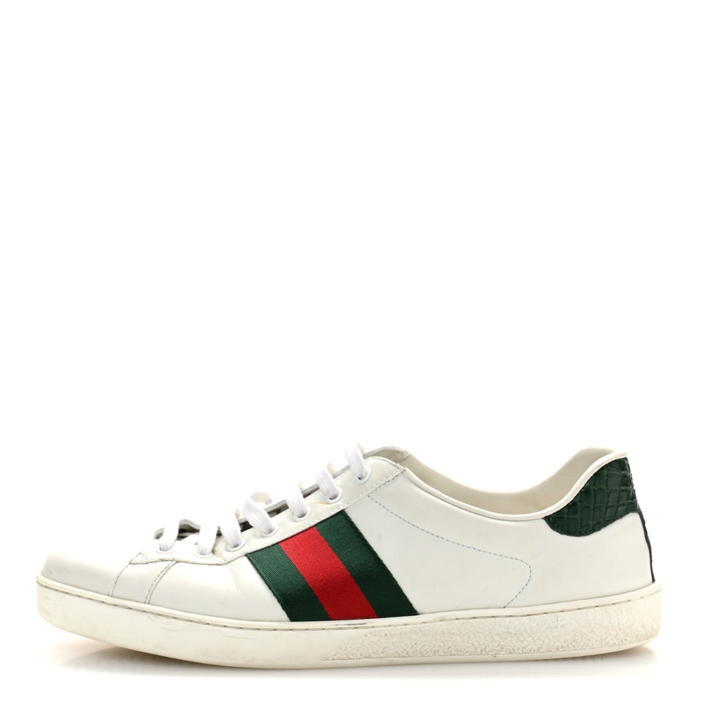 Gucci Calfskin Crocodile Web Mens Ace Sneakers 9 White Green