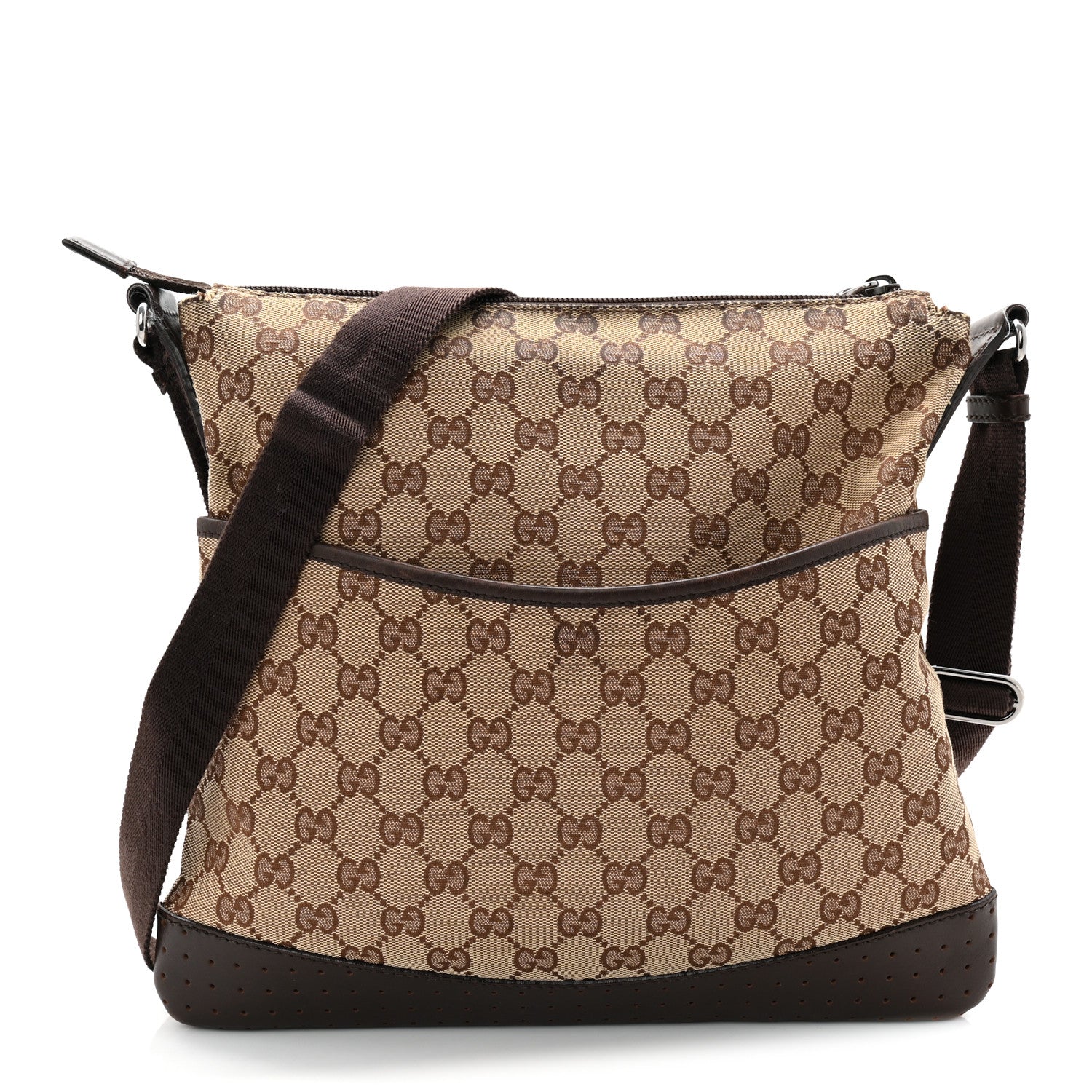 Gucci Monogram Calfskin Perforated Medium Flat Messenger Bag Dark Brown