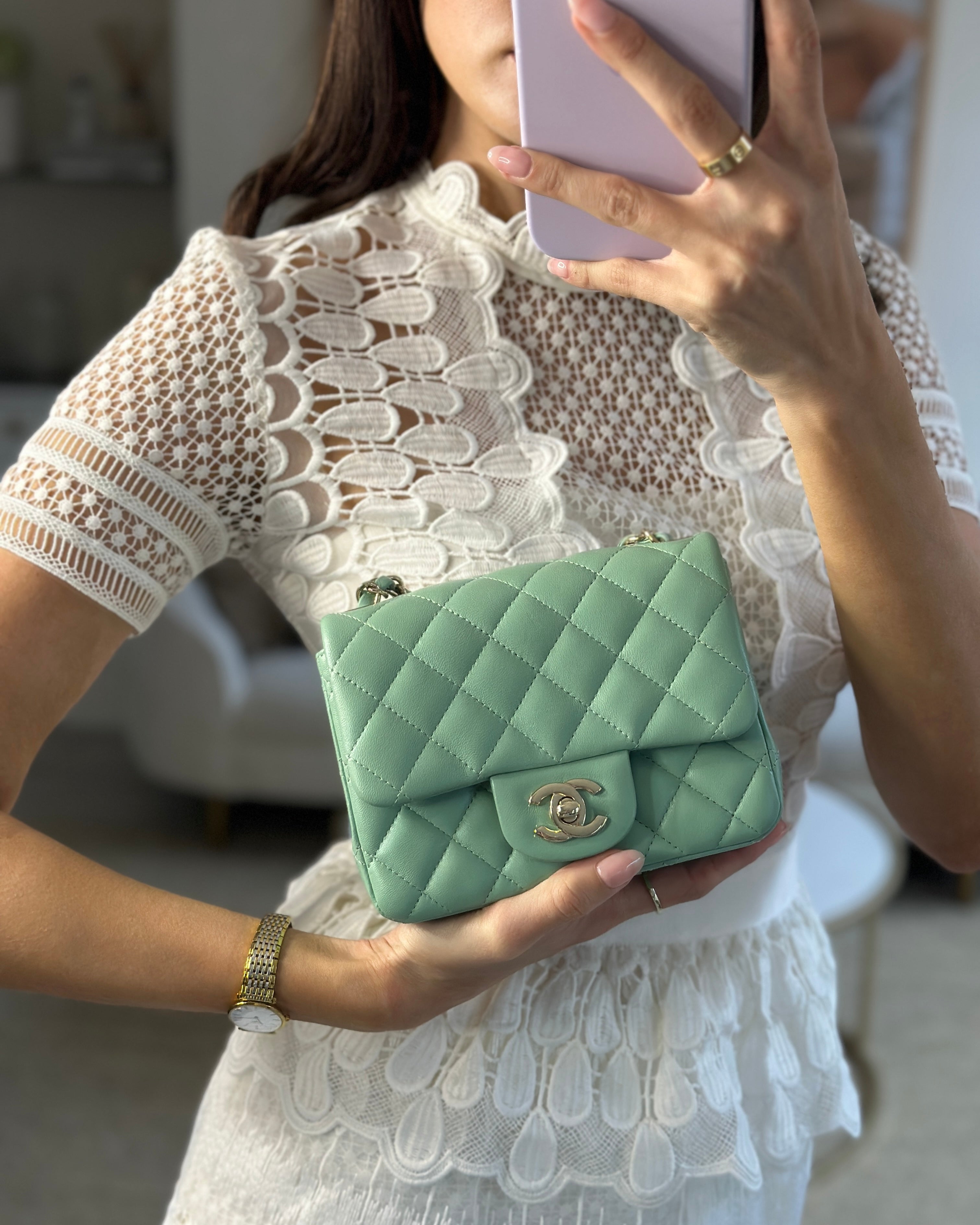 COLOUR* Chanel Green Tea Mini Square Bag in Lambskin Leather with Champagne Gold Hardware