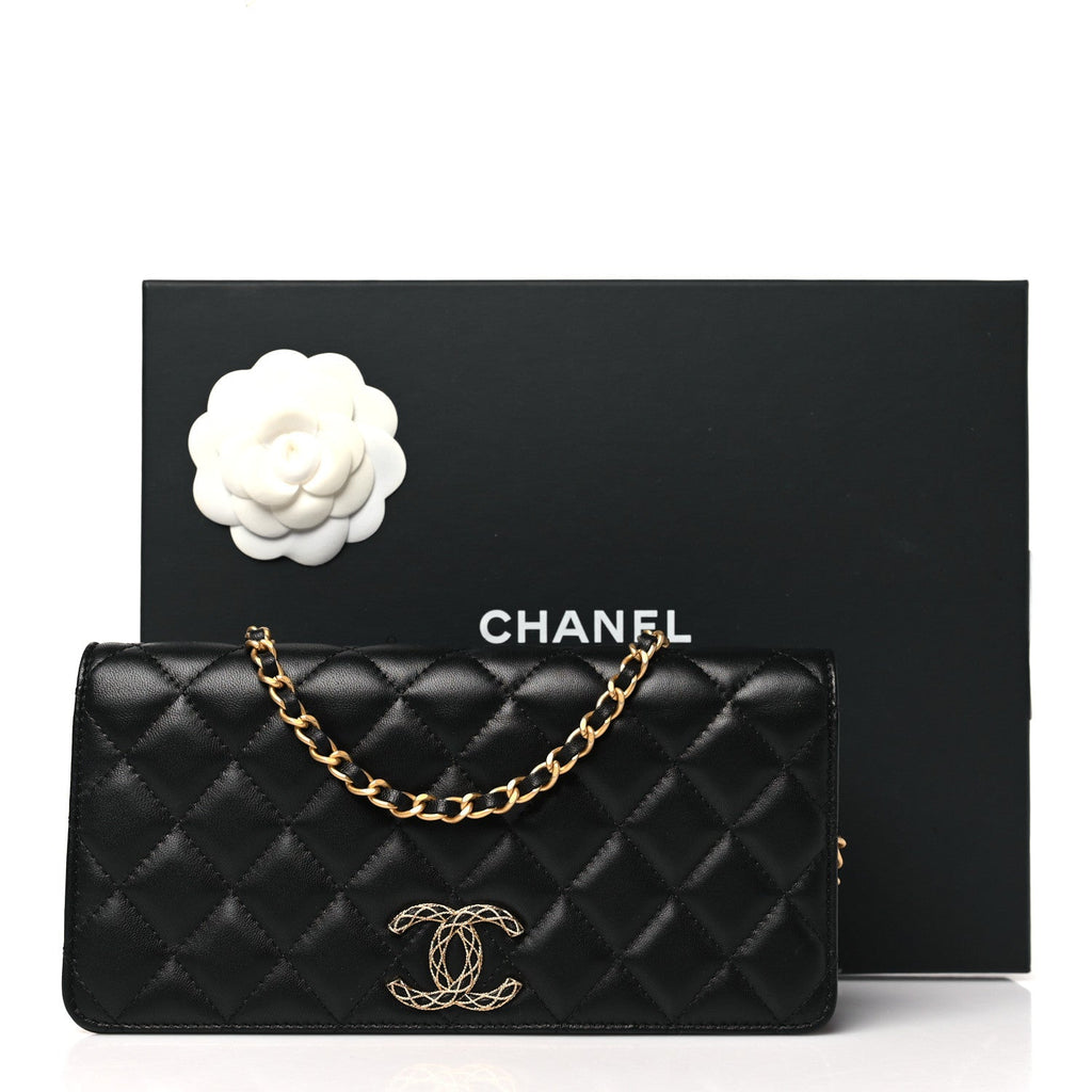 Chanel Lambskin Quilted CC Clutch On Chain Black