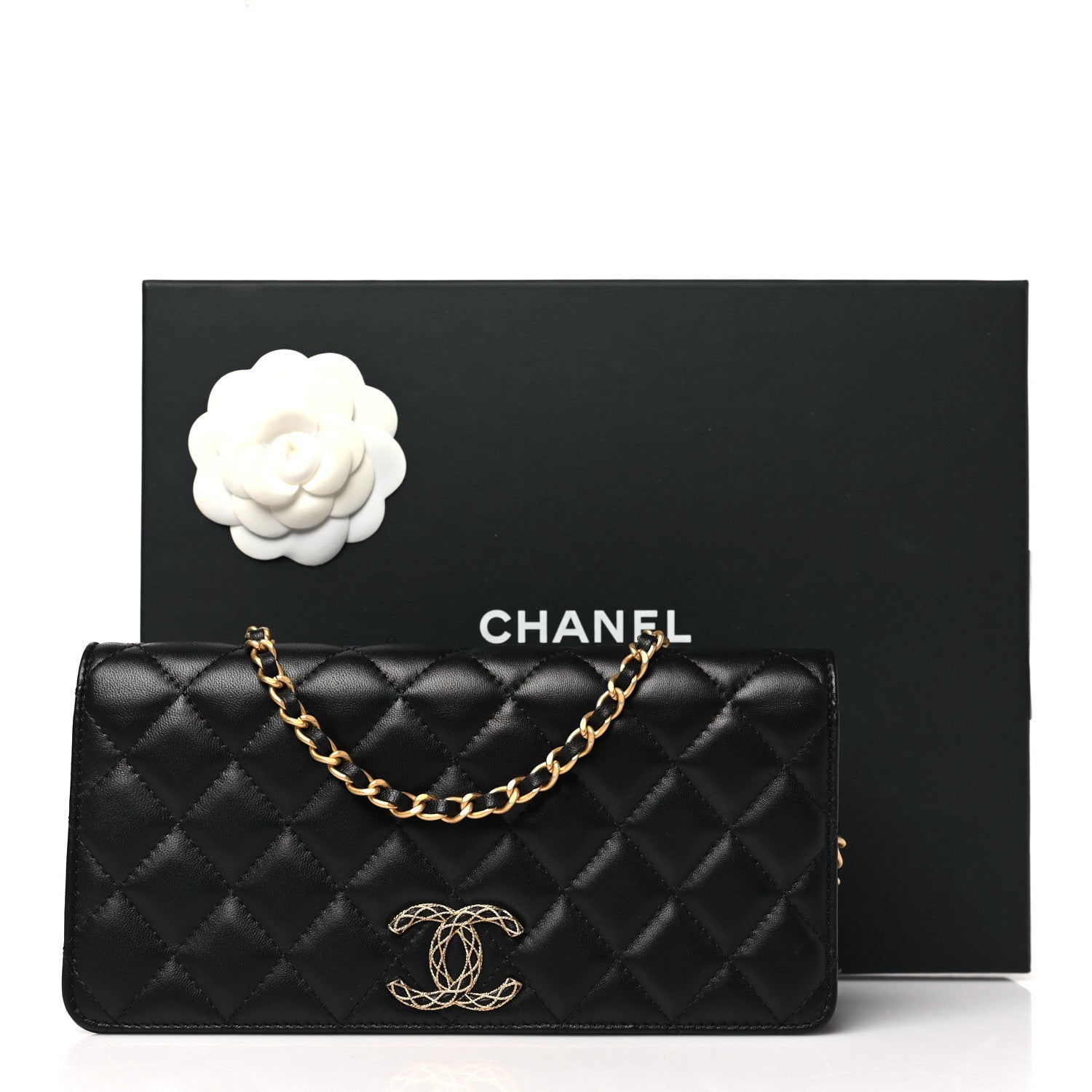 Chanel Lambskin Quilted CC Clutch On Chain Black