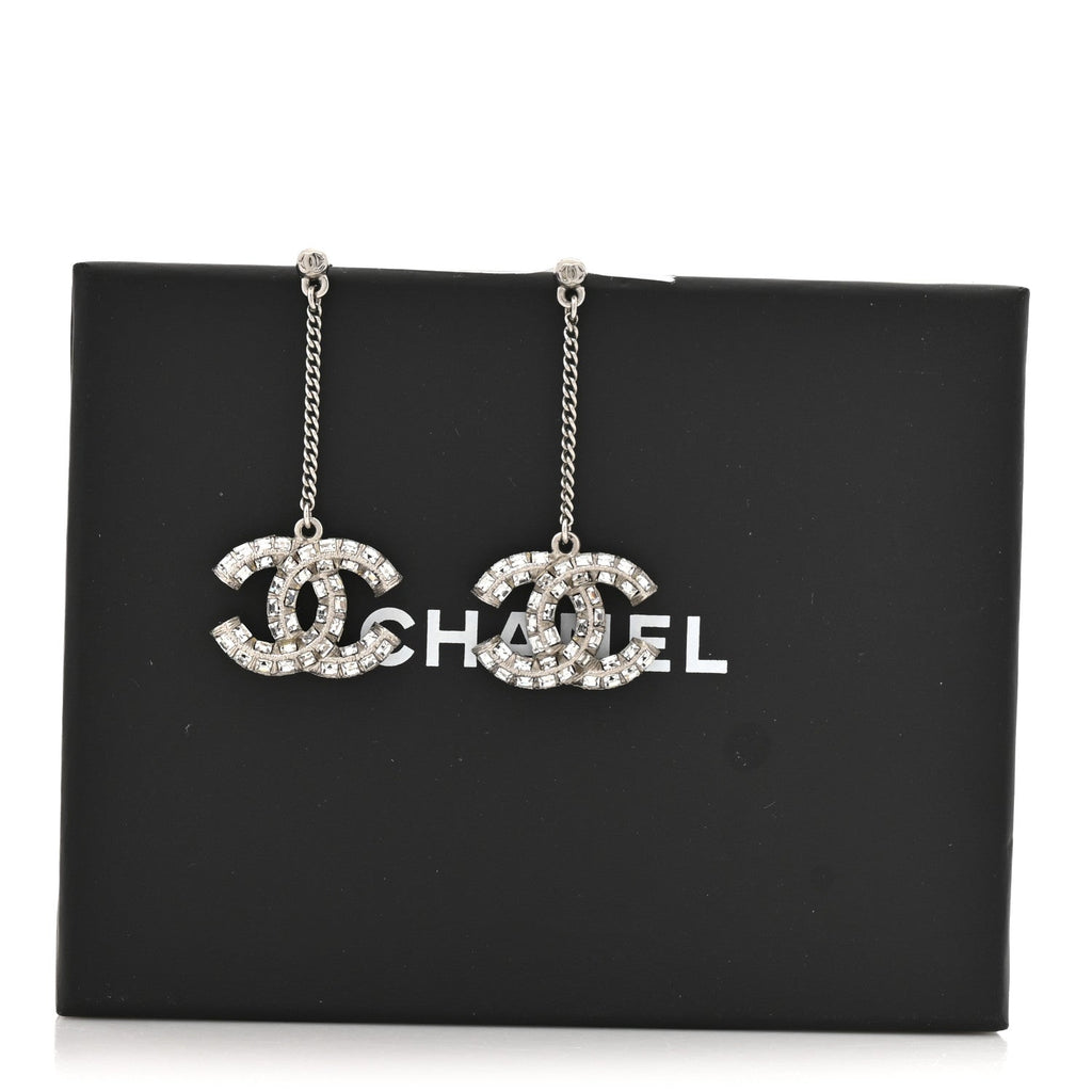 Baguette Crystal CC Drop Earrings Silver