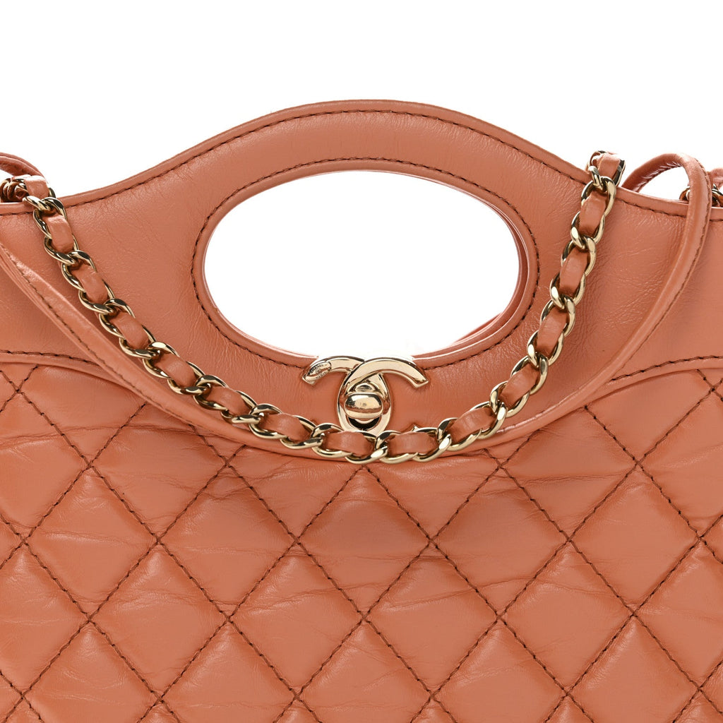 Chanel Shiny Crumpled Calfskin Quilted Mini 31 Shopping Bag Orange