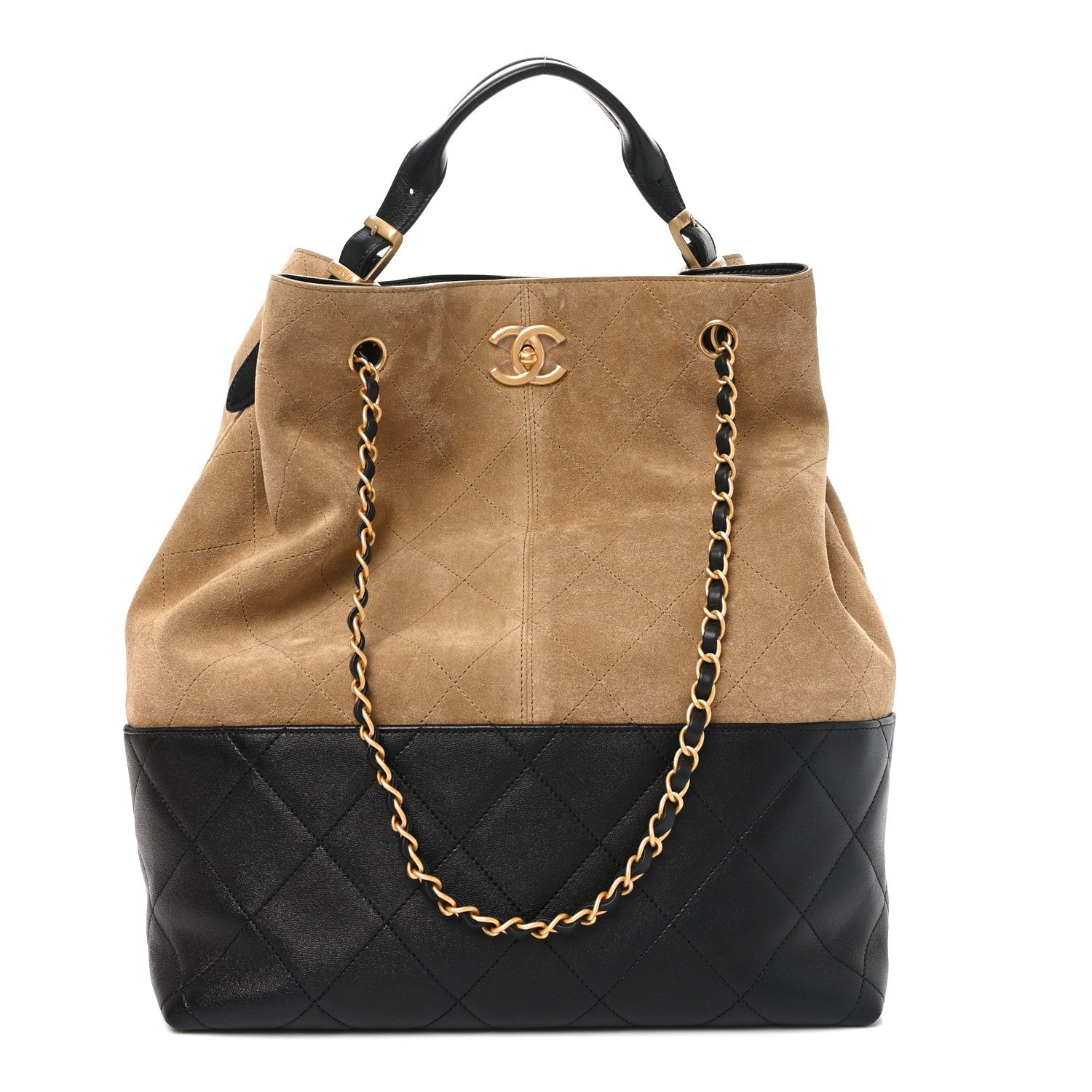 Chanel Suede Shiny Lambskin Quilted Large Shopping Bag Beige Black