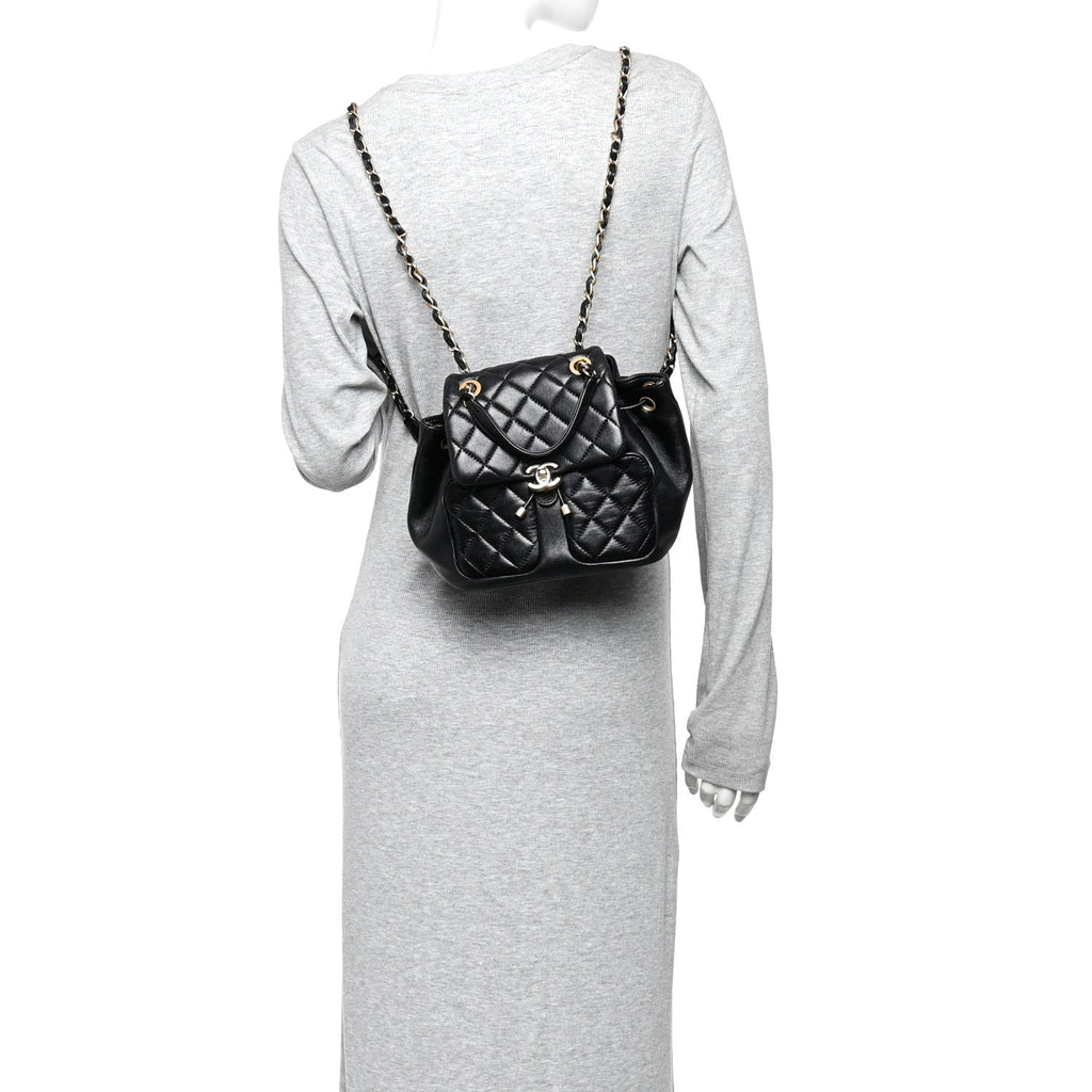 Chanel Lambskin Quilted Daily Friend Drawstring Backpack Black