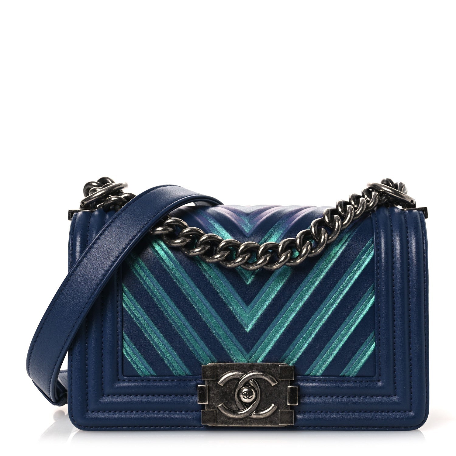 Calfskin Painted Chevron Embossed Small Boy Flap Dark Blue