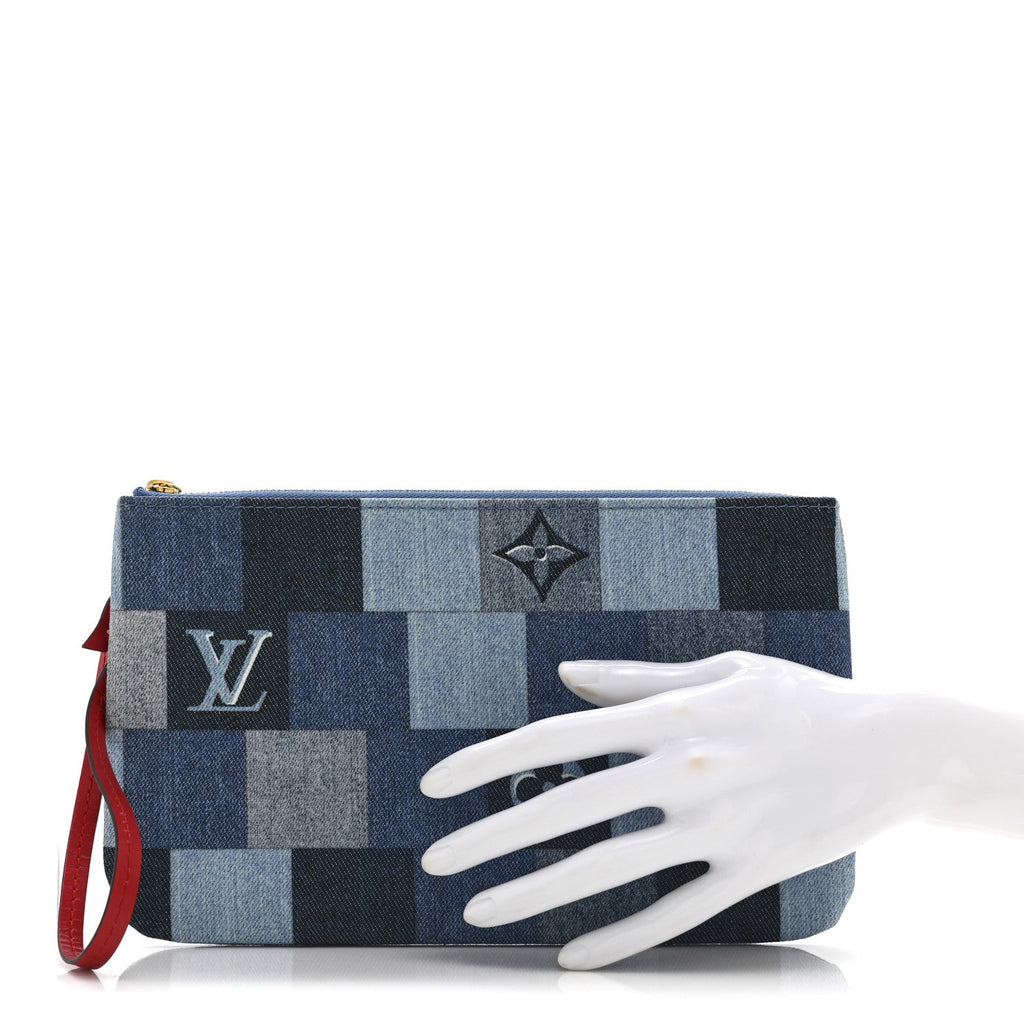 Louis Vuitton Denim Damier Monogram Patchwork Neverfull MM Pochette  Blue Rouge