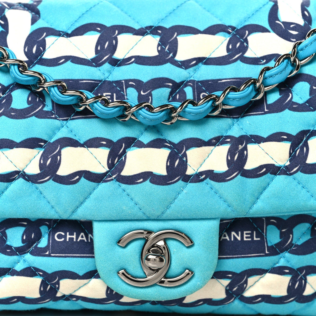 Chanel Silk Chain Printed Medium Single Flap Blue