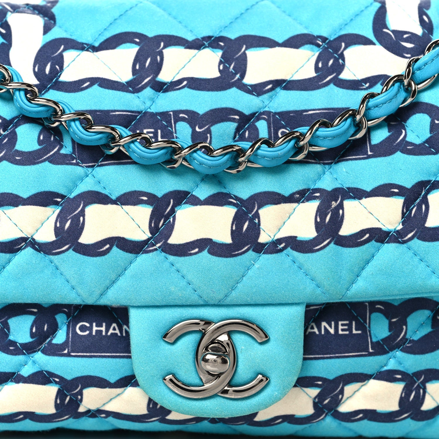 Chanel Silk Chain Printed Medium Single Flap Blue