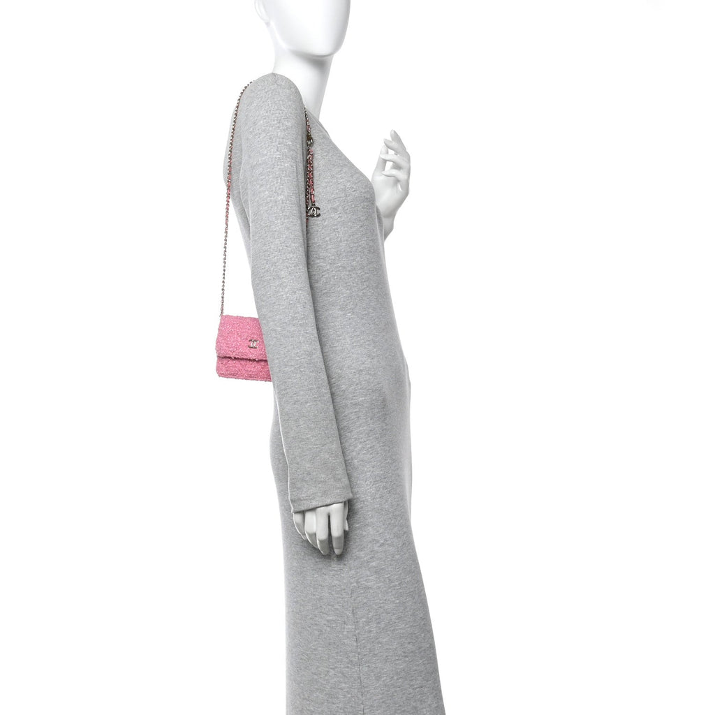 Chanel Tweed Quilted Flap Chain Waist Bag Pink