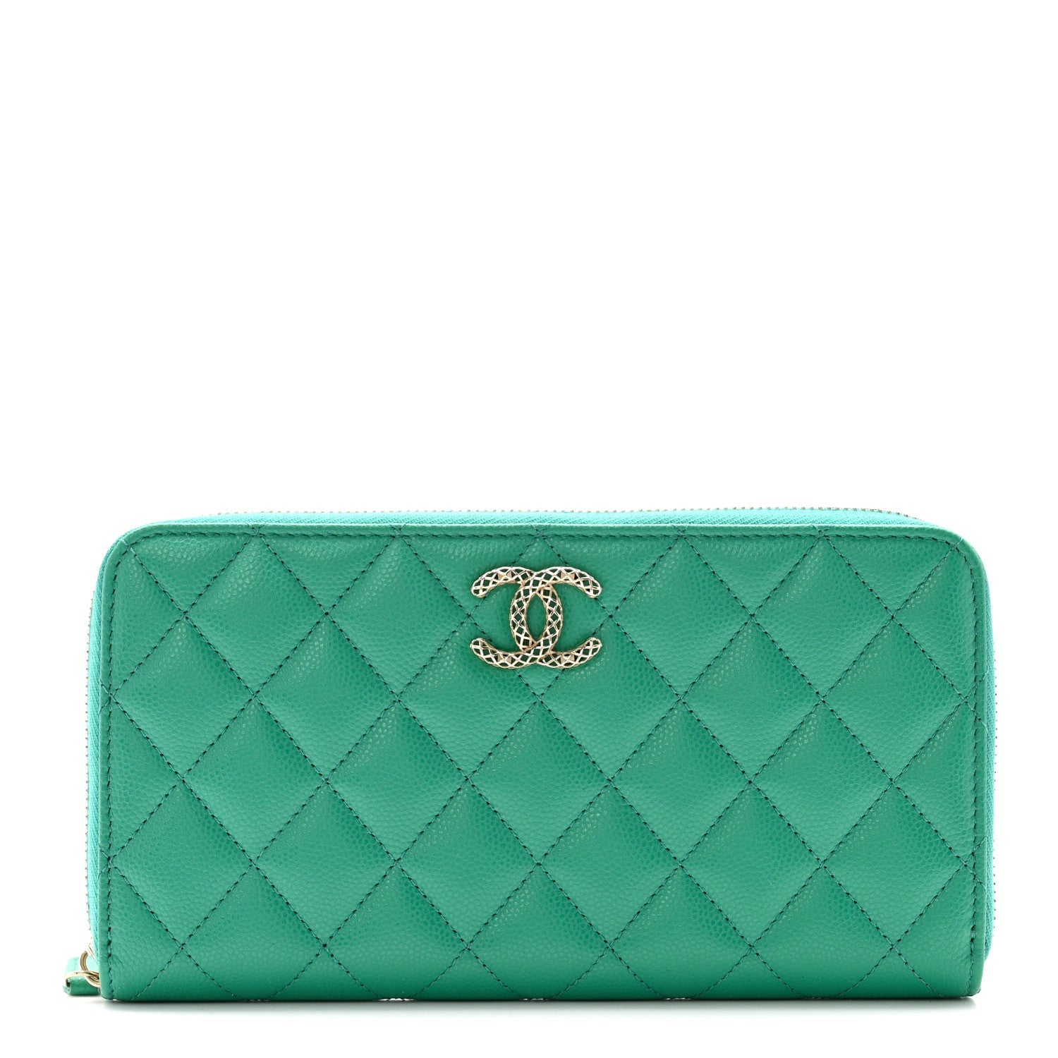 Caviar Quilted Perforated CC Long Zipped Wallet Green