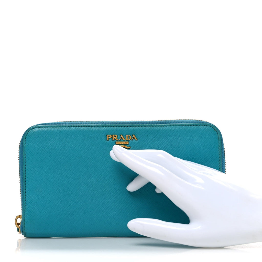 Prada Saffiano Metal Zip Around Wallet Blue