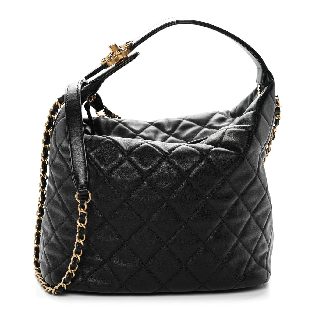 Chanel Lambskin Quilted Large Perfect Meeting Hobo Black