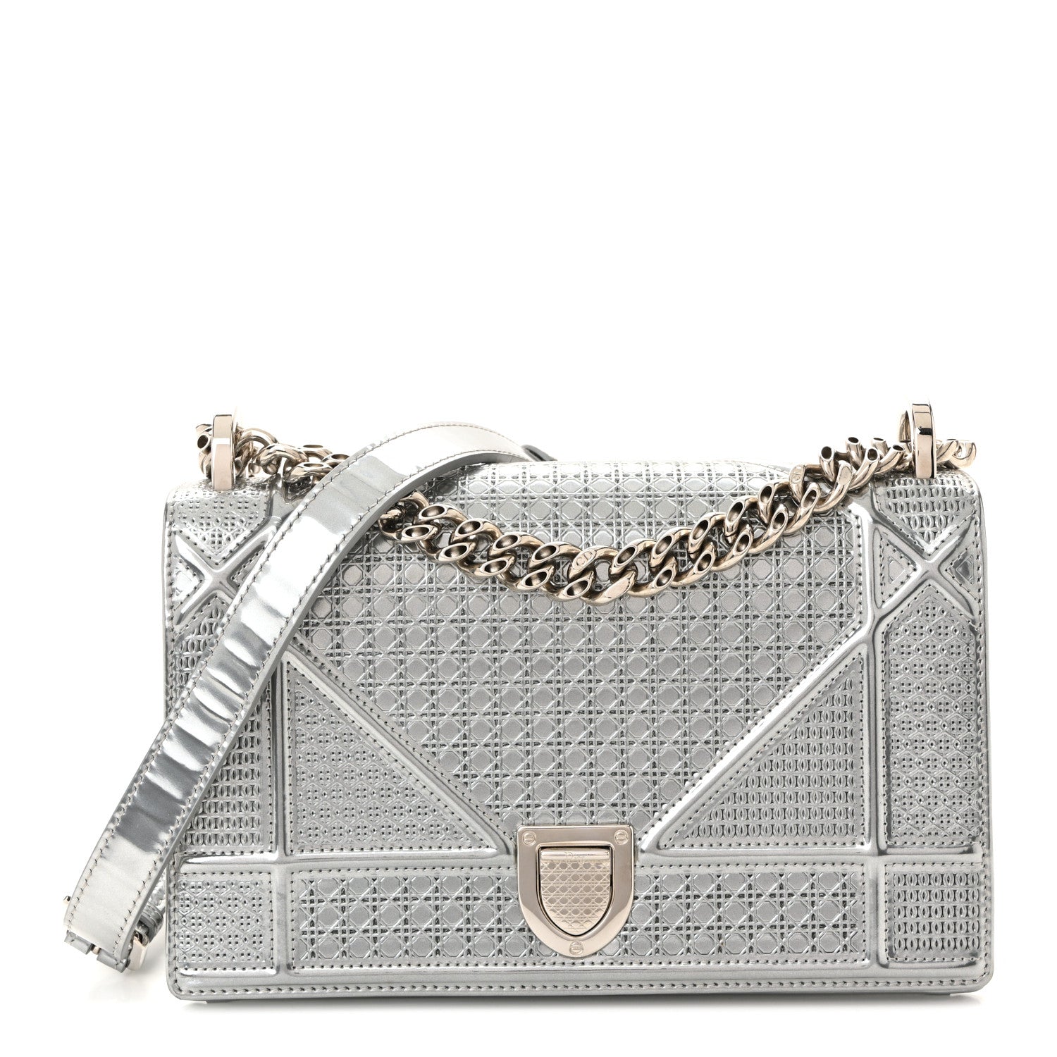 Christian Dior Metallic Patent Micro-Cannage Small Diorama Flap Bag Silver