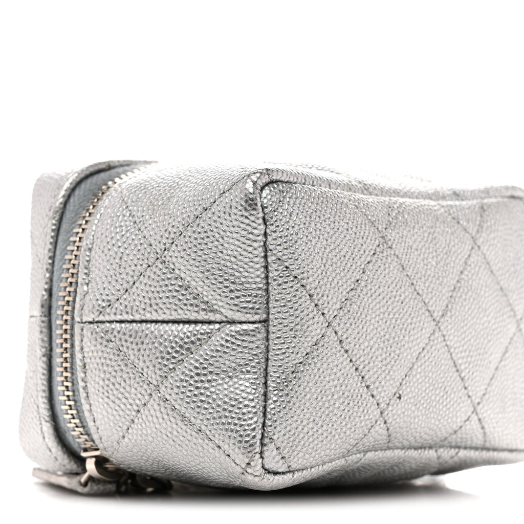 Chanel Metallic Caviar Quilted Mini Top Handle Vanity With Chain Silver