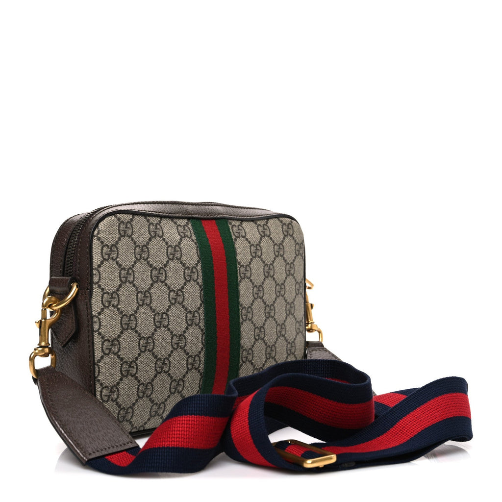 Gucci GG Supreme Monogram Textured Dollar Calfskin Web Ophidia Wristlet Shoulder Bag Beige Ebony New Acero