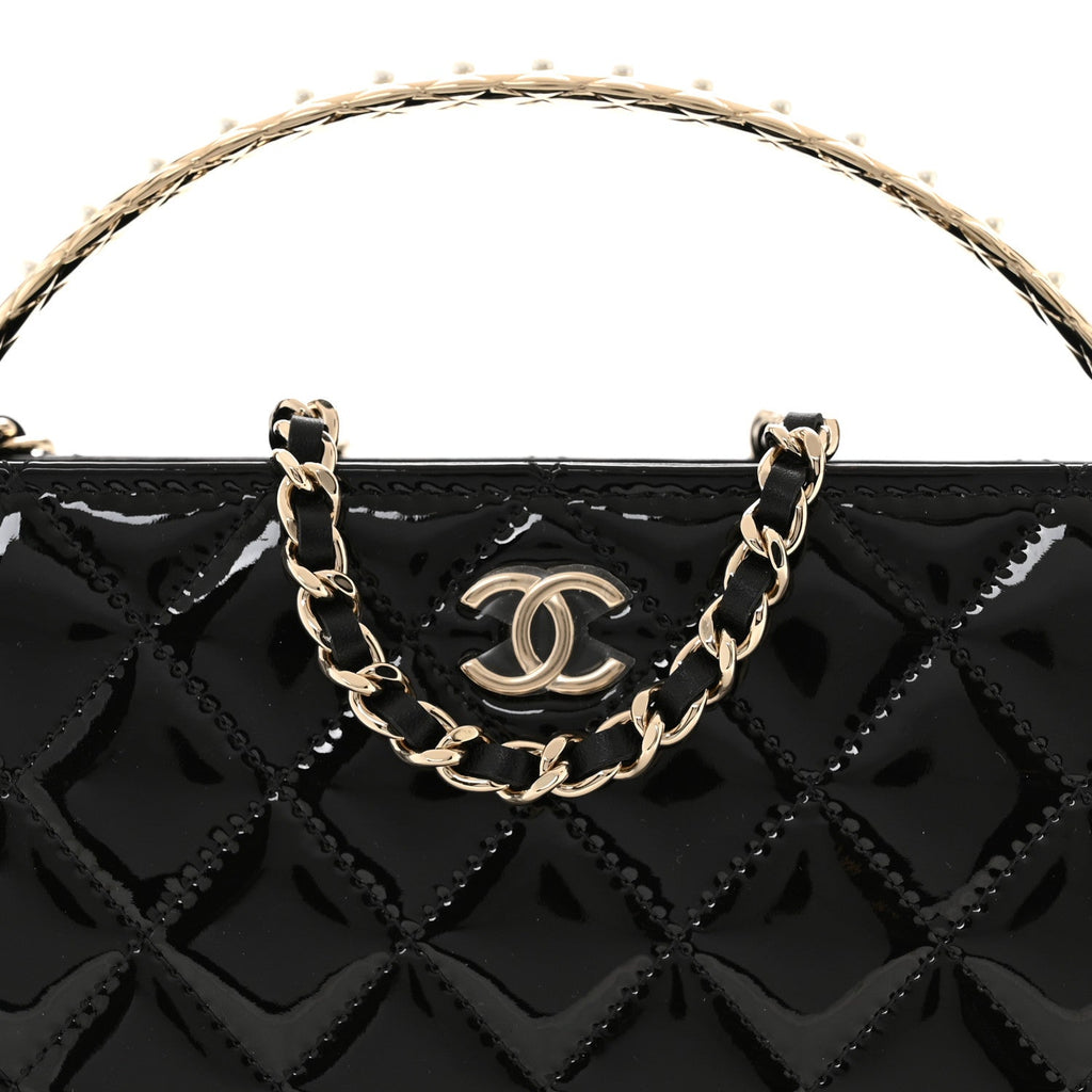 Chanel Patent Calfskin Quilted Pearl Clutch With Chain Black