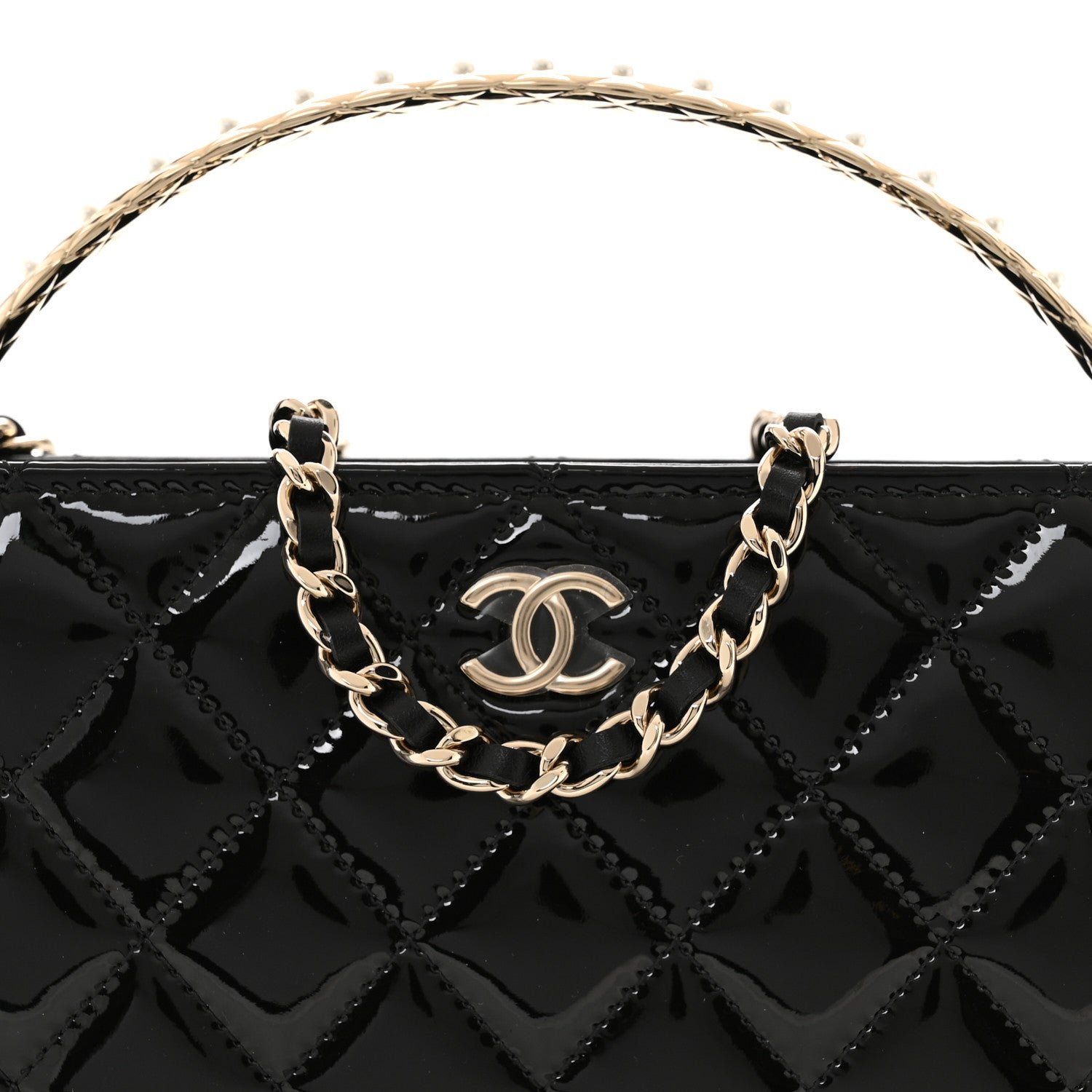Chanel Patent Calfskin Quilted Pearl Clutch With Chain Black