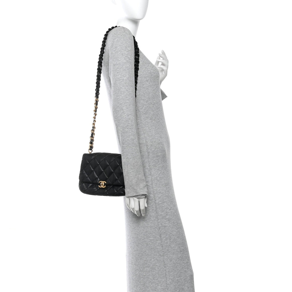 Chanel Lambskin Quilted Small Lacquered Chain Flap Black