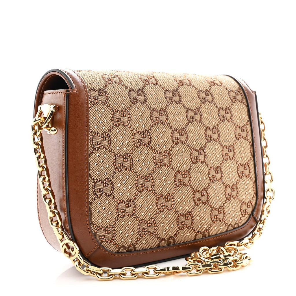 Gucci New Canvas Charisma Calfskin Crystal GG Monogram Mini Horsebit 1955 Shoulder Bag Camel Ebony