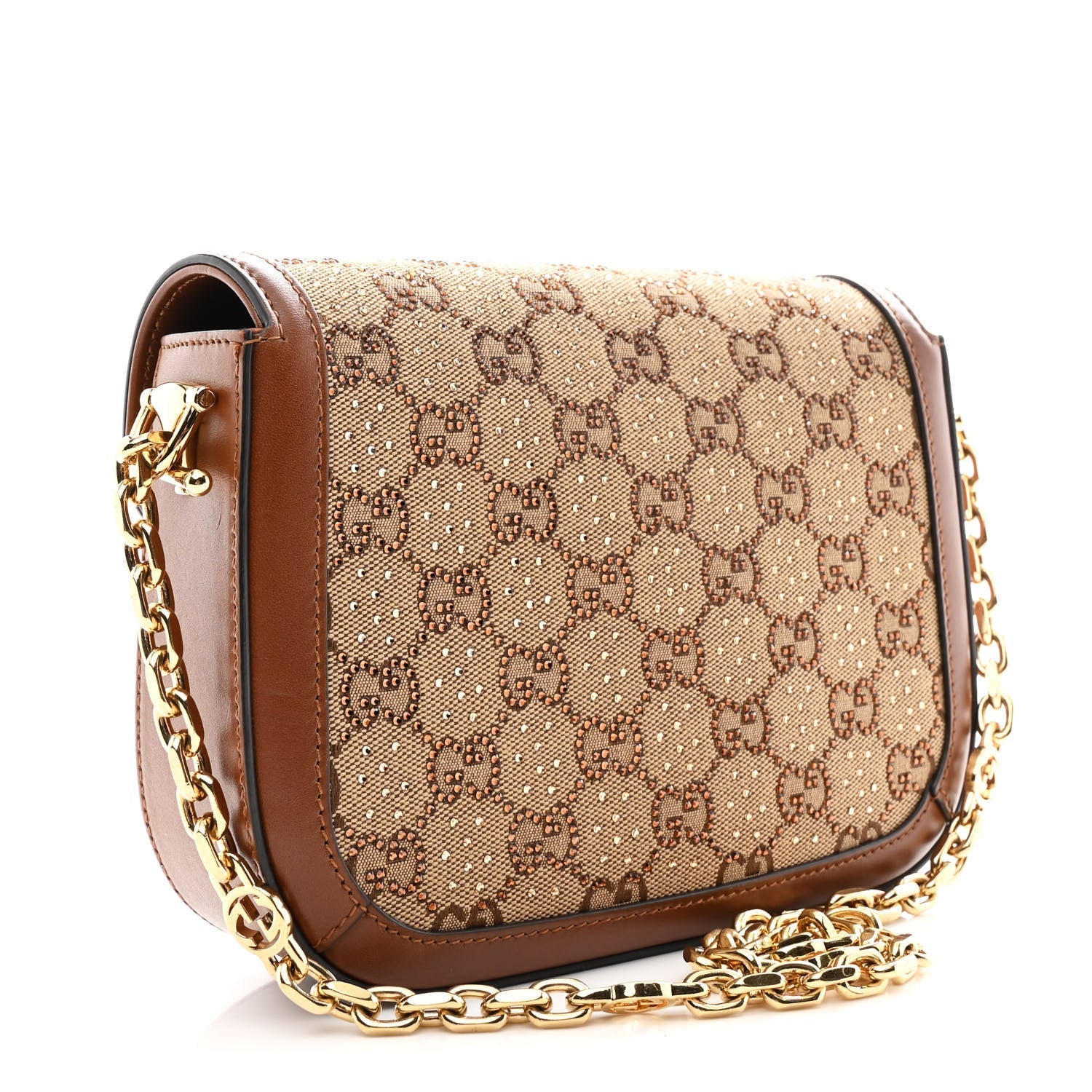 Gucci New Canvas Charisma Calfskin Crystal GG Monogram Mini Horsebit 1955 Shoulder Bag Camel Ebony