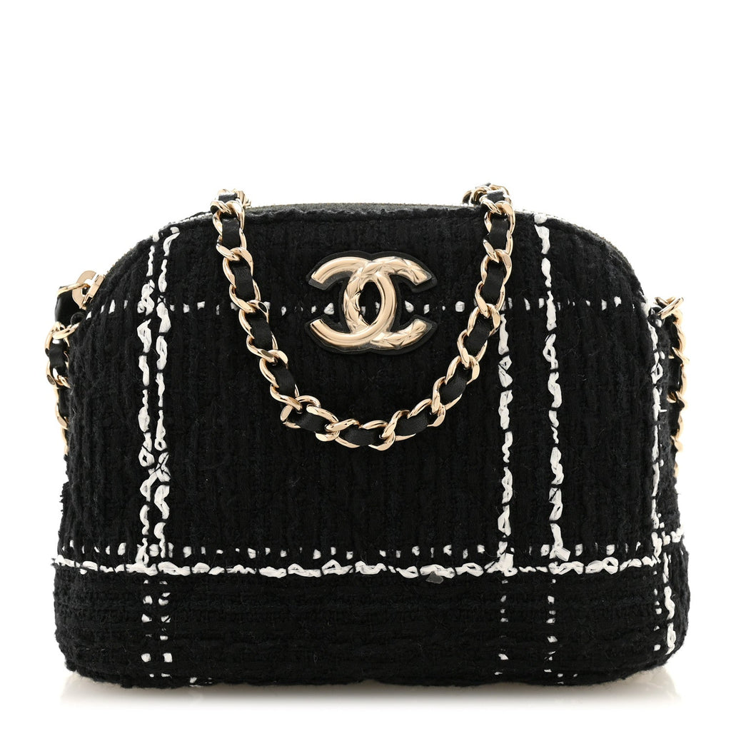 Chanel Tweed Quilted Mini Clutch With Chain  Black White
