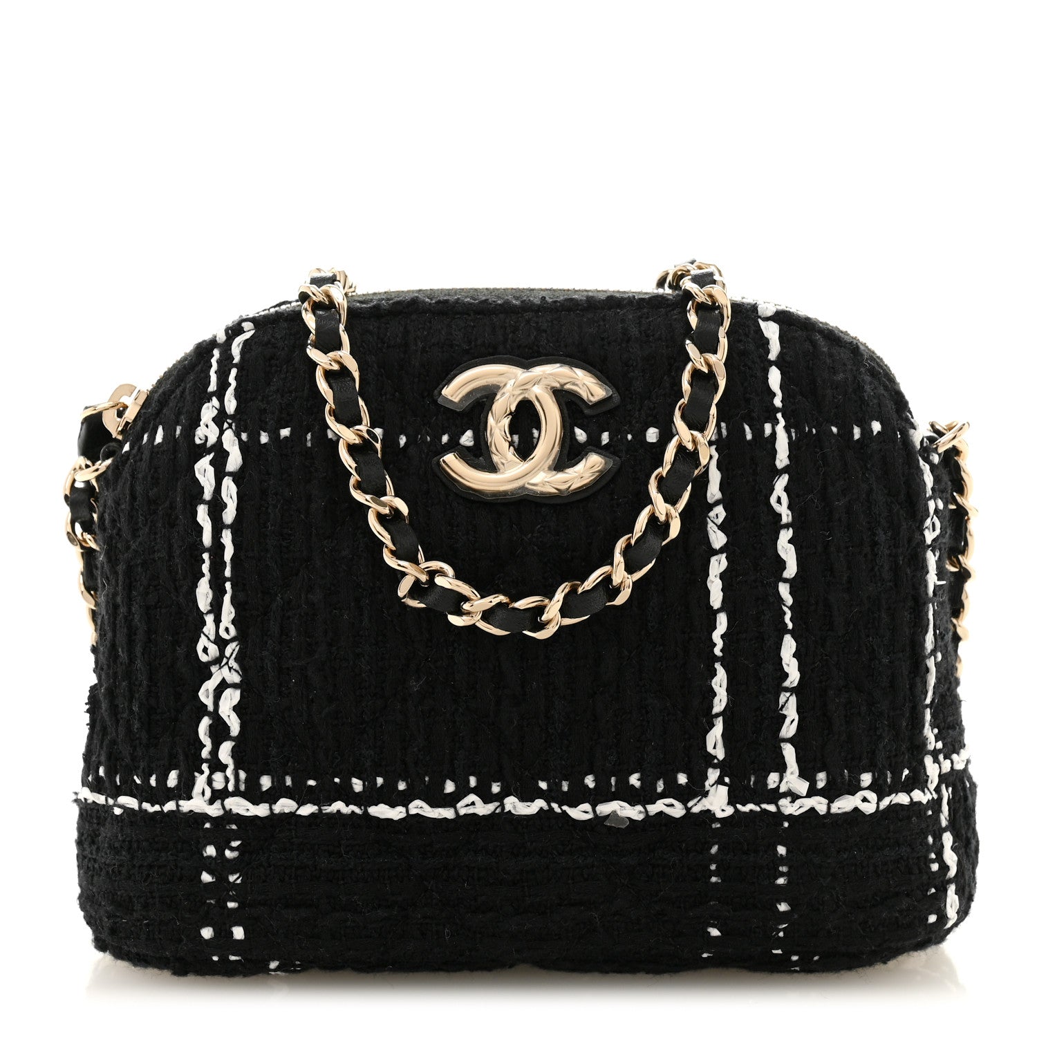 Chanel Tweed Quilted Mini Clutch With Chain  Black White