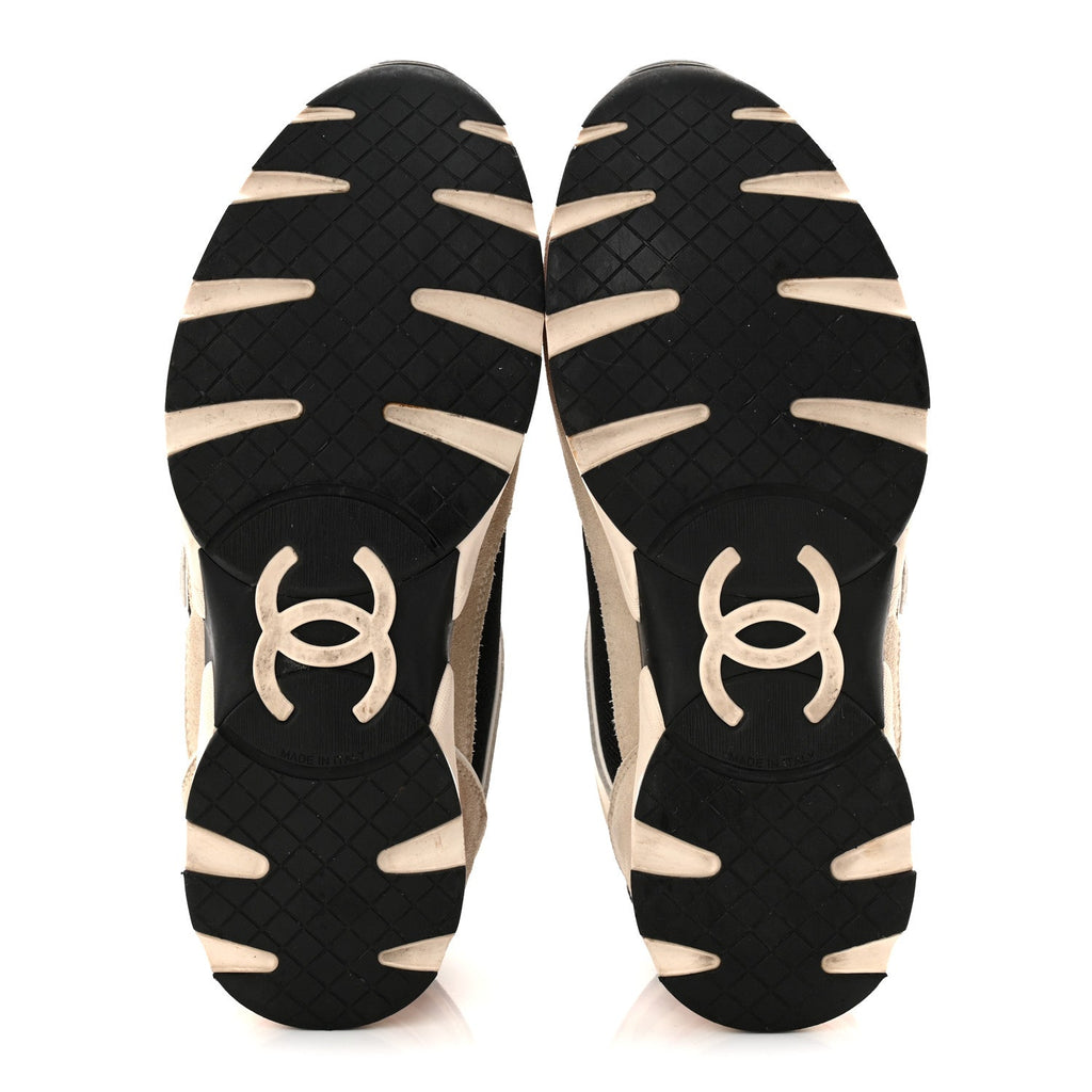 Mesh Suede Calfskin Grained Calfskin Womens CC Sneakers 38.5 White Black Pink