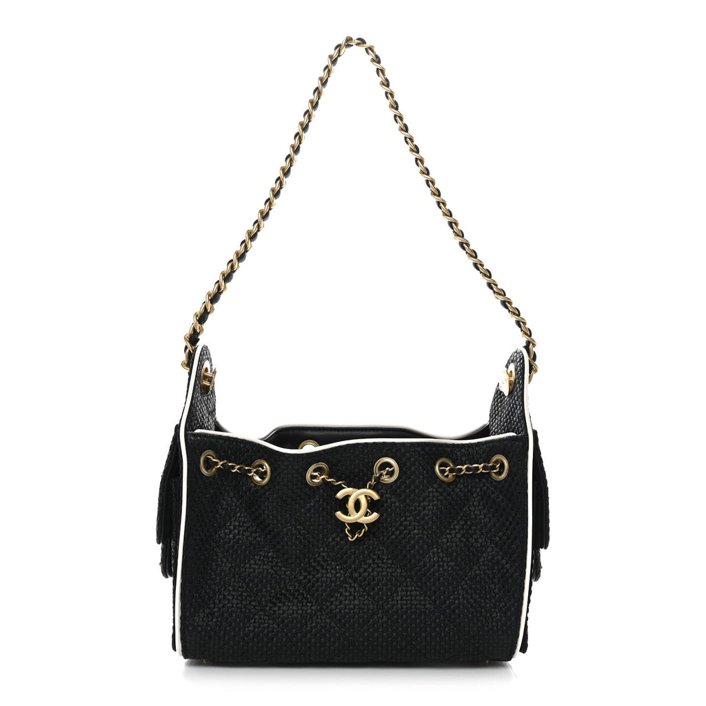 Chanel Braided Raffia Calfskin Quilted Mini Chanel 25 Handbag Black White