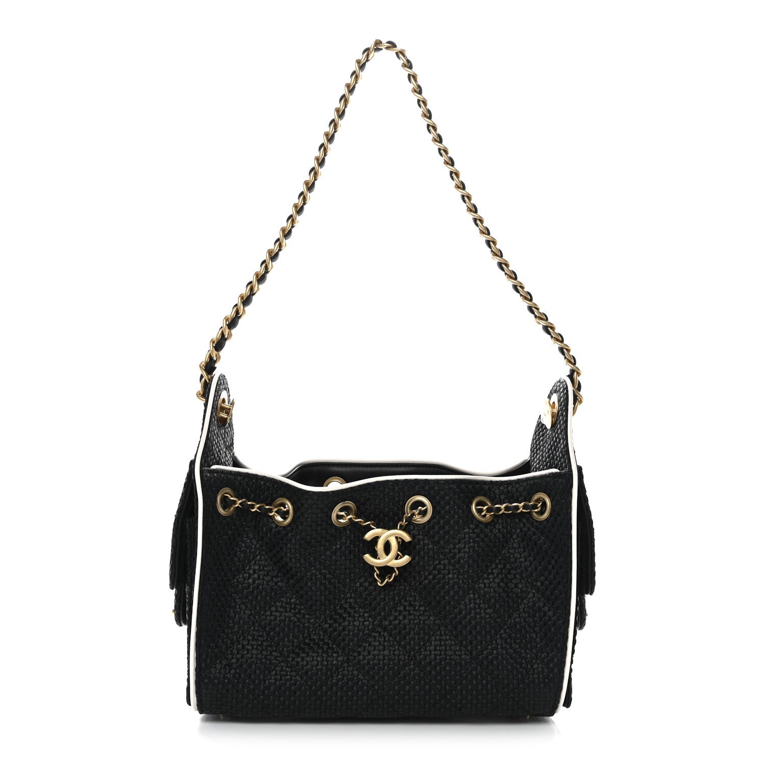 Chanel Braided Raffia Calfskin Quilted Mini Chanel 25 Handbag Black White