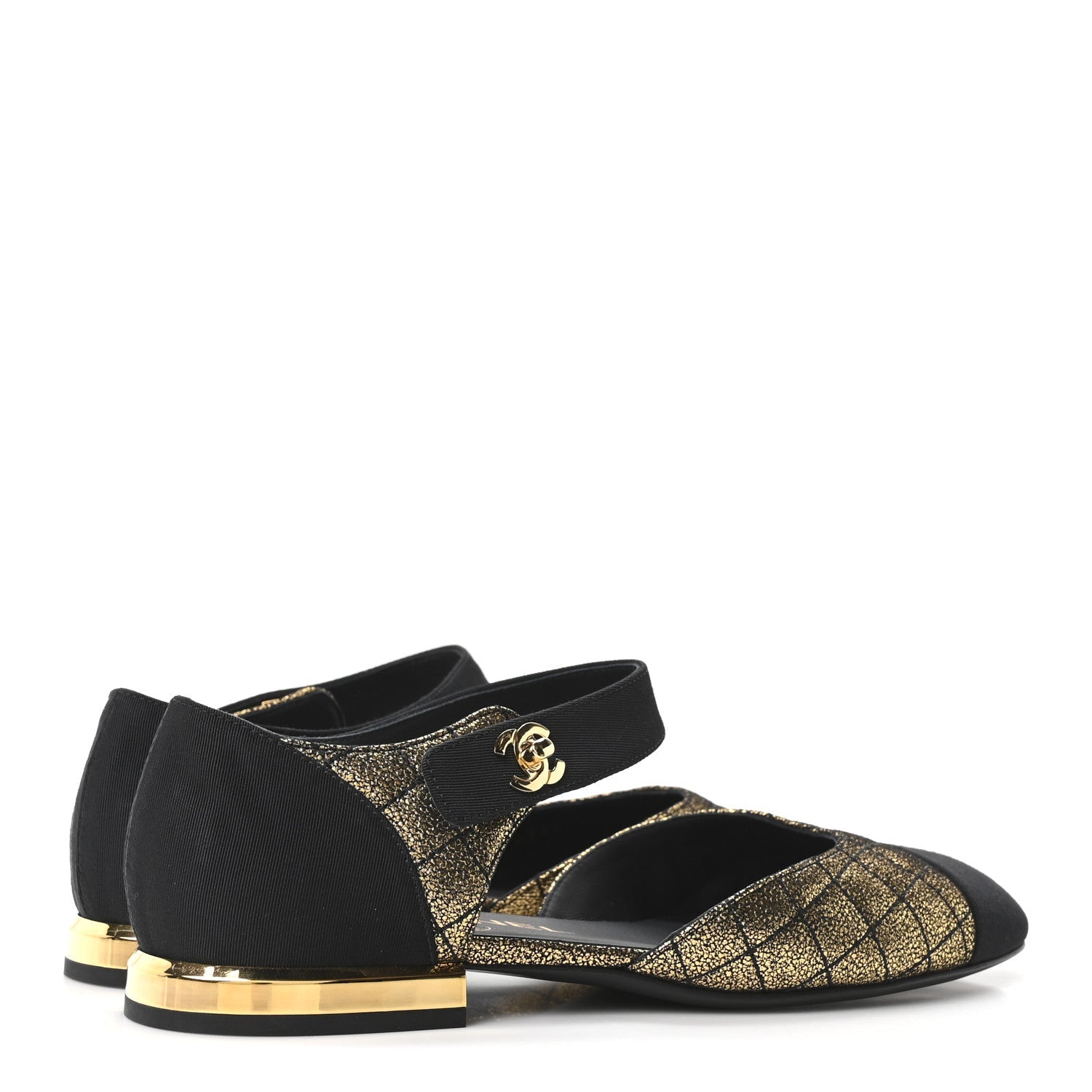 Laminated Suede Kidskin Grosgrain Quilted Cap Toe Ballerina Flats 36.5 Gold Black