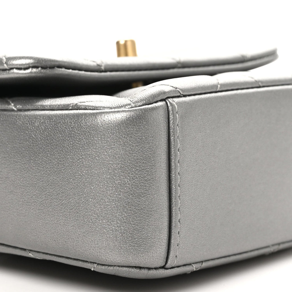 Chanel Metallic Lambskin Quilted Mini Side Note Flap Grey