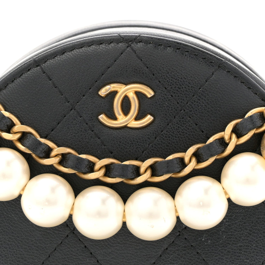 Chanel Goatskin Quilted Chic Pearls Chain Round Clutch With Chain Black