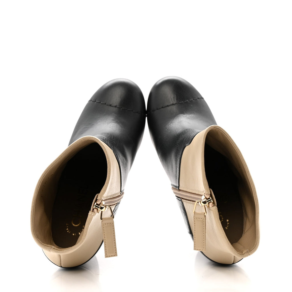 Chanel Tumbled Calfskin CC Short Boots 36 Beige Black