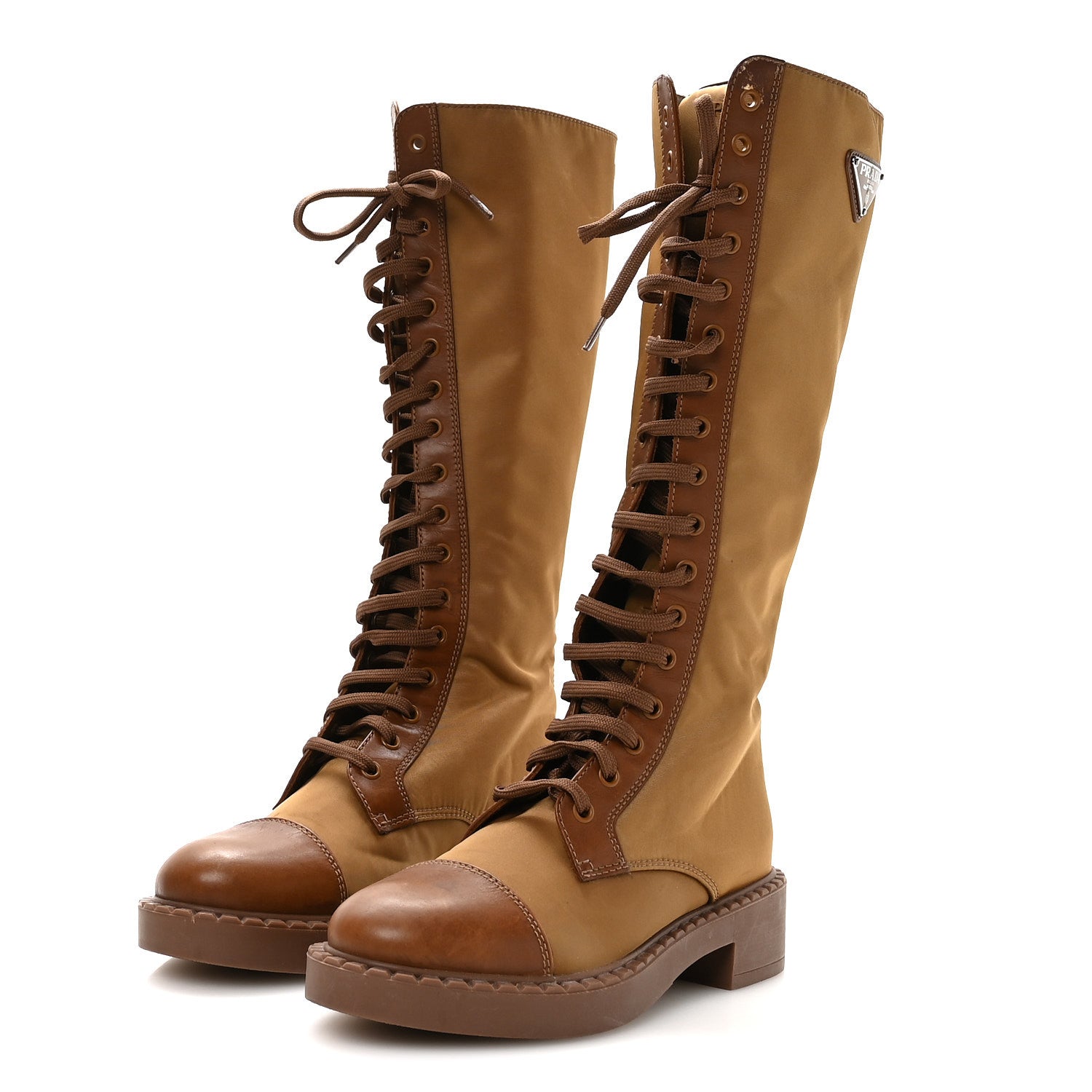 Prada Re-Nylon Spazzolato Rois Metal Triangle Logo Tall 50mm Combat Boots 35.5 Tobacco Brown